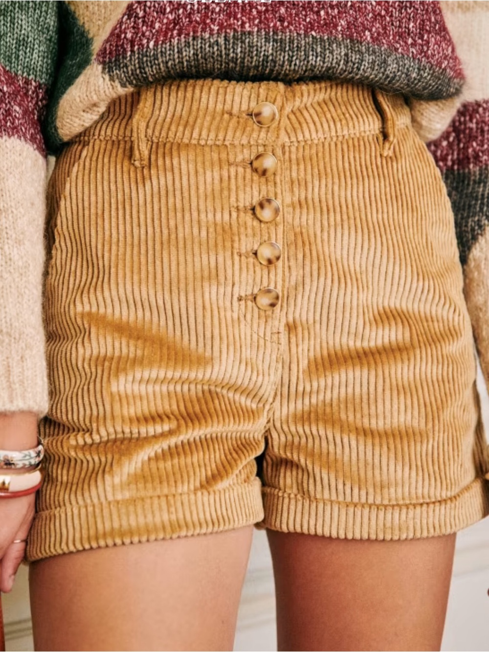 Sezane Maddie Shorts Dark Beige High Waist Pockets Cuffed Corduroy Size 4 Fall - Picture 1 of 16